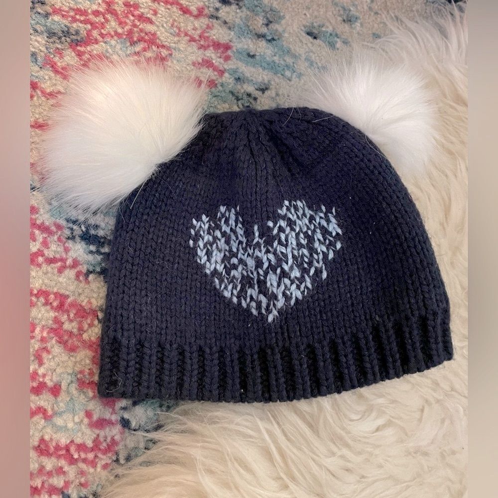 Anthropologie Kids Beanie Blue Heart Pom Poms
